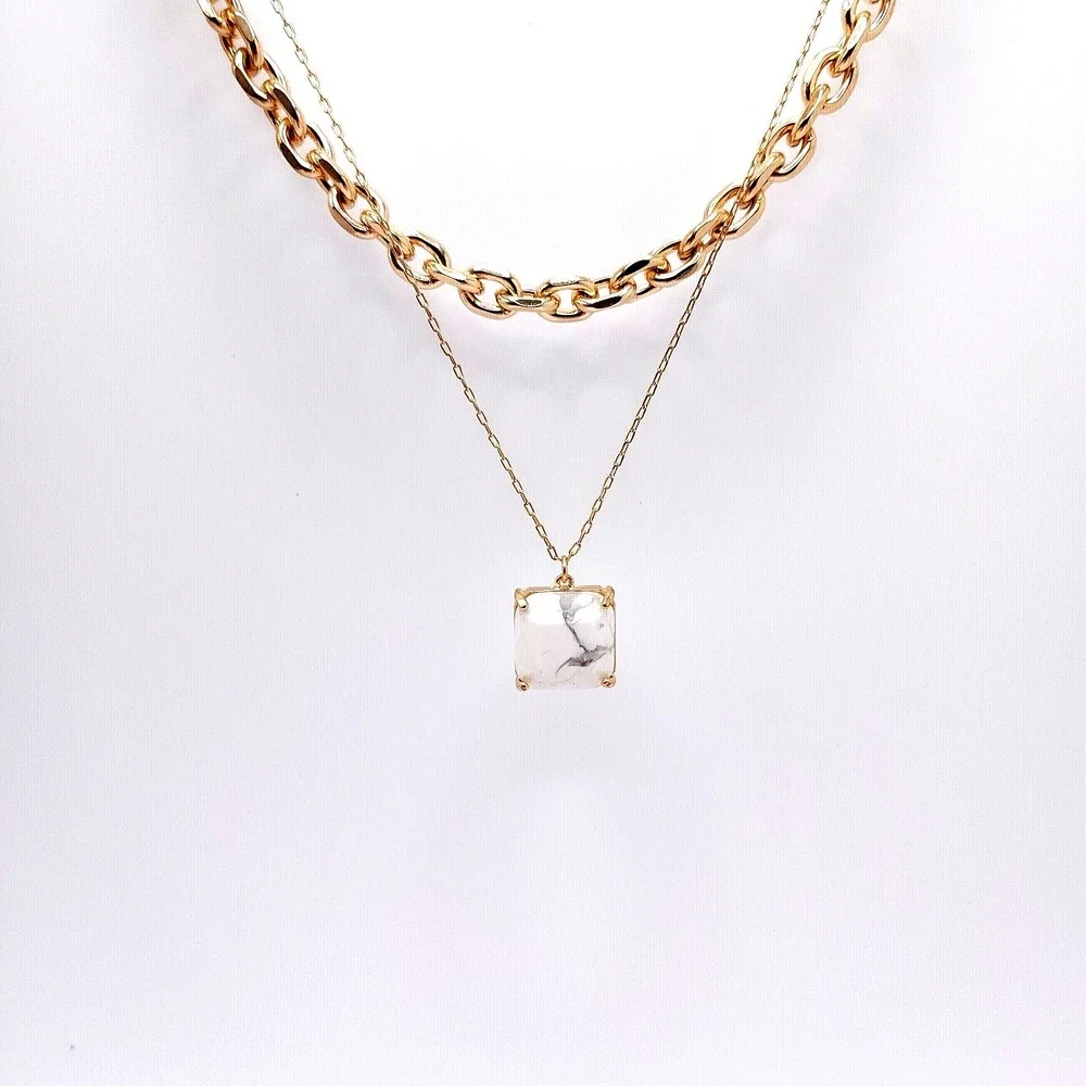 Simply Noelle Gold‎ Marble Pendant Necklace Layered Square Chain